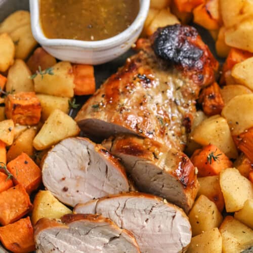 Air Fryer Honey Dijon–Glazed Pork Tenderloin with Sweet Potatoes & Apples with gravy