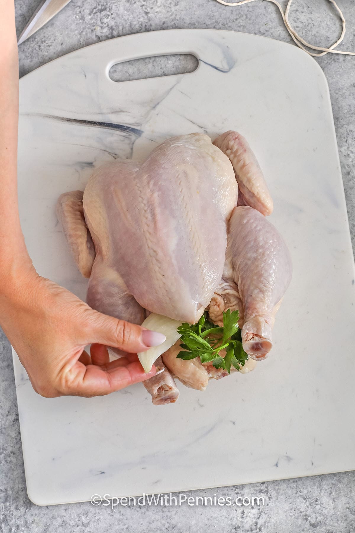 Making a whole roasted chicken at home is easier than you might think, and it’s always a family favorite. Starting with a simple seasoning and a high heat ensures a crispy skin while keeping the meat juicy. The onion inside adds just a hint of sweetness, and trussing the legs helps everything cook evenly. The best part? Letting it rest before carving makes it so tender and delicious. Perfect for a cozy family dinner, and you'll have leftovers for the week! #spendwithpennies stuffing chicken to show How to Prepare a Whole Chicken