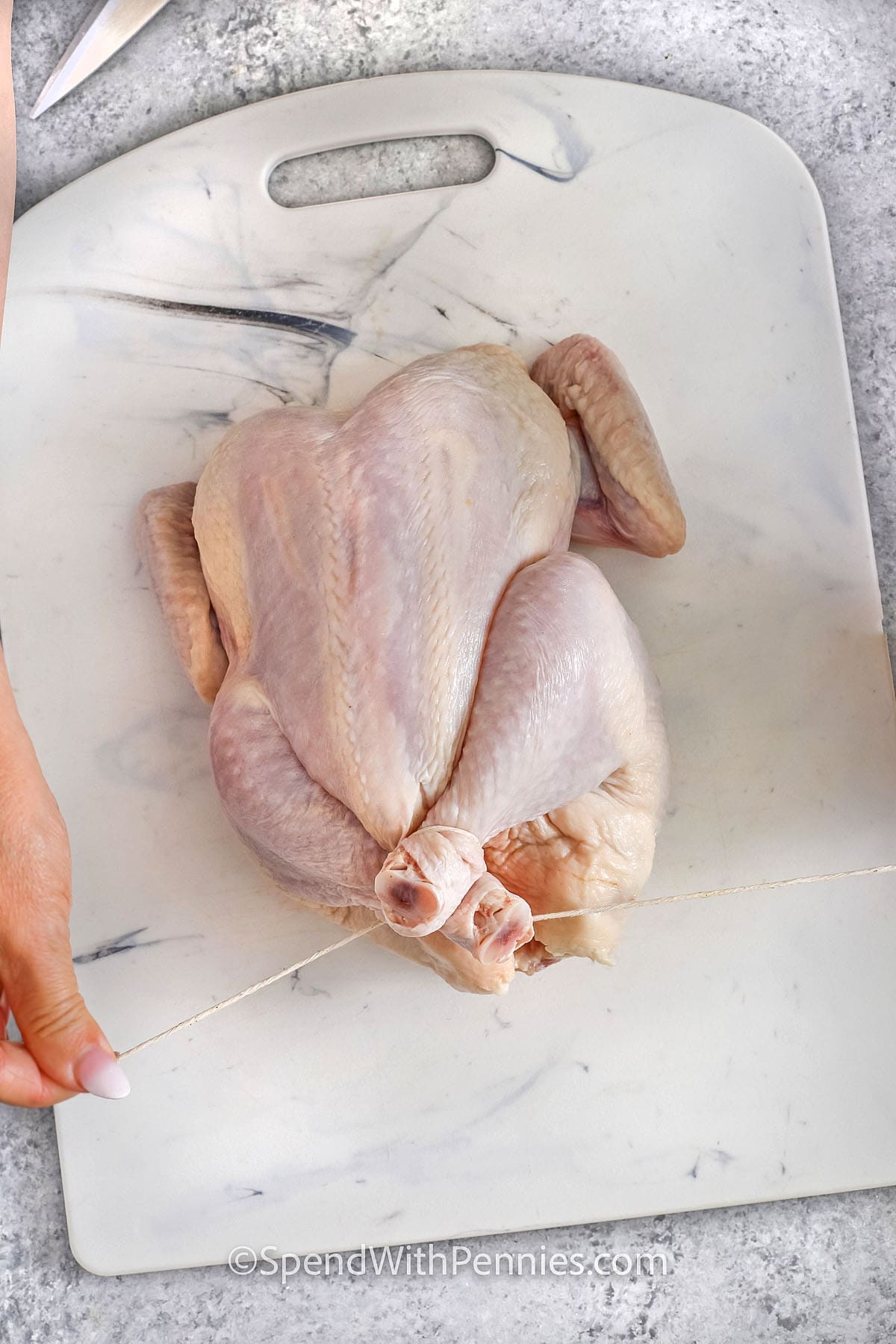 Roasting a whole chicken is such a comforting and satisfying meal, and it's easier than you might expect! A bit of seasoning and a drizzle of oil are all you need for that golden, crispy skin everyone loves. Stuffing the chicken with onion adds extra flavor, and trussing the legs helps it cook evenly. The real magic happens when you let it rest—it stays juicy and tender, perfect for carving. It's a go-to recipe that's simple, delicious, and always a hit with the family! #spendwithpennies tying chicken legs together to show How to Prepare a Whole Chicken