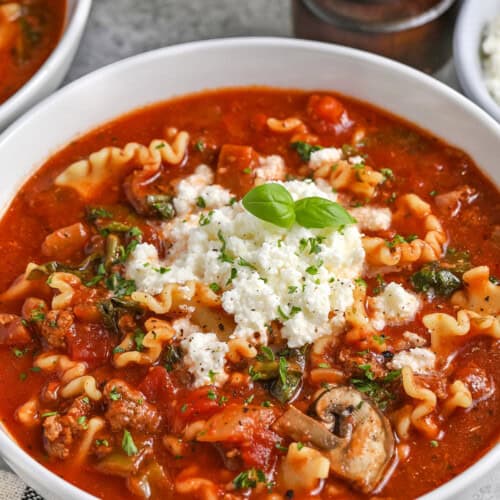 close up of Slow Cooker Lasagna Soup in a bowl