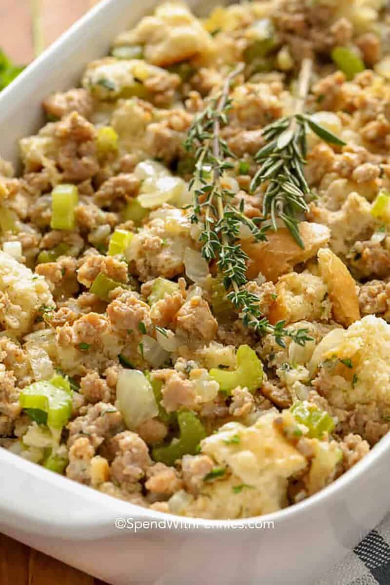 casserole dish of Sausage Stuffing