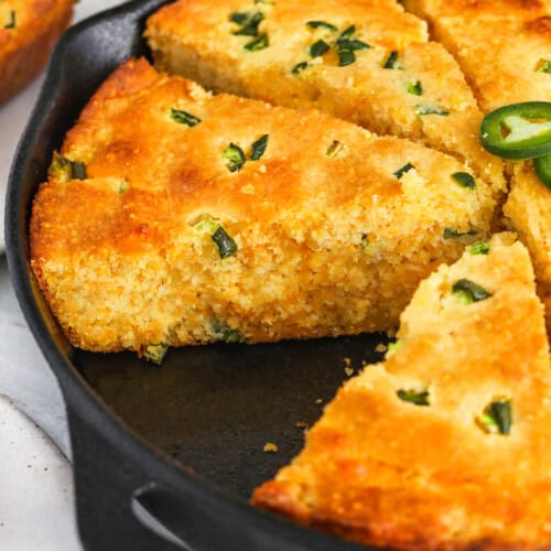 close up of sliced Jalapeno Cornbread in a pan