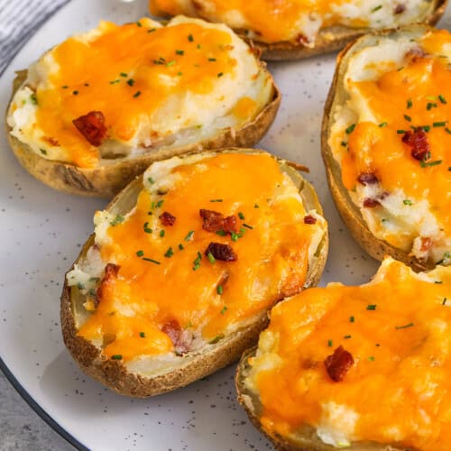 plated Twice Baked Potatoes with cheese bacon and chives
