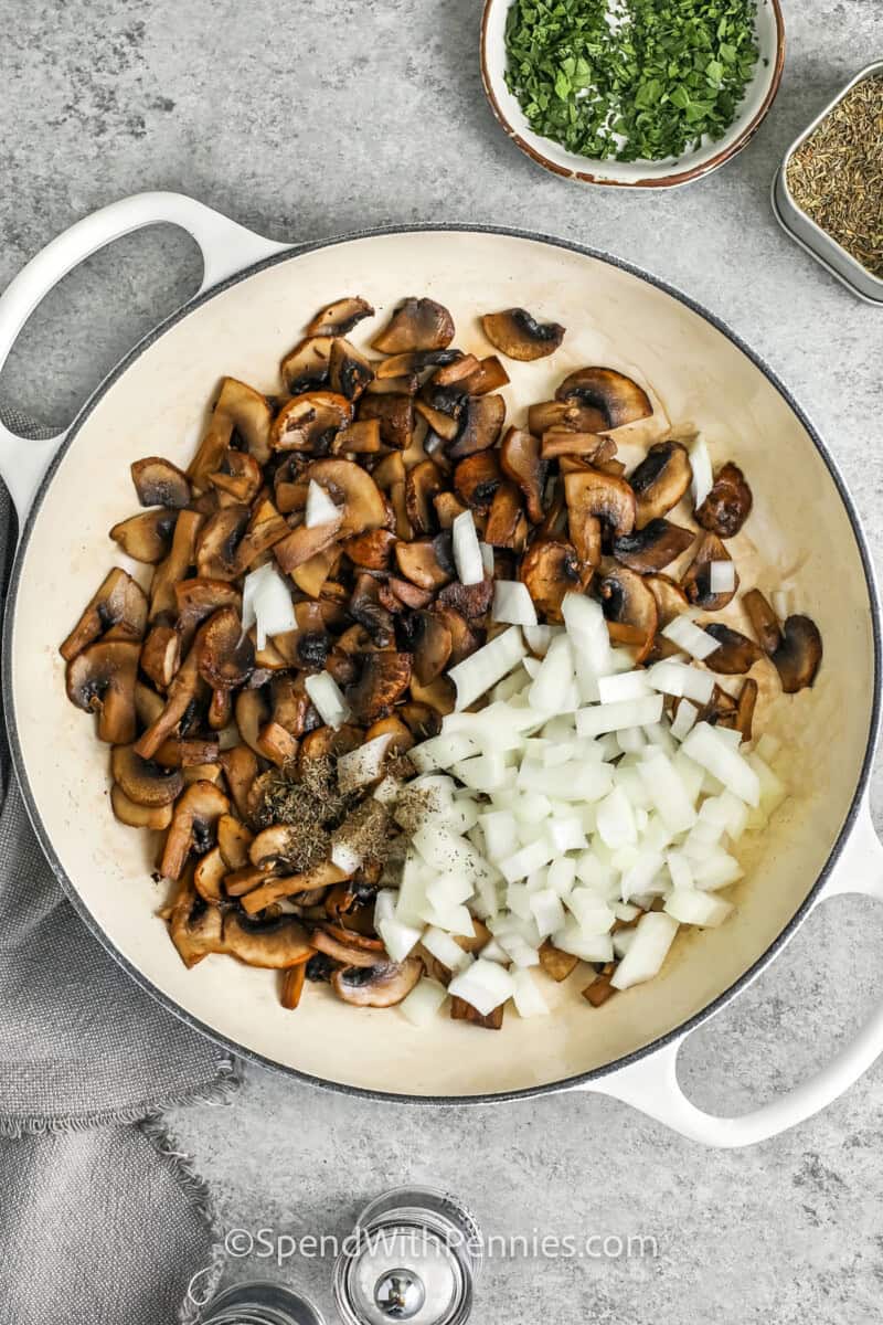 adding onions to mushrooms to show How to Cook Pork Tenderloin