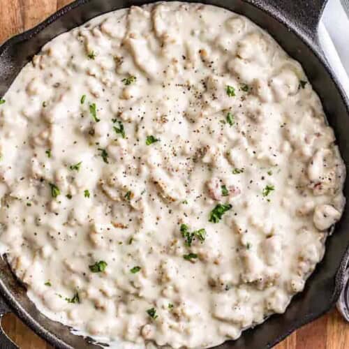 a cast iron pan of sausage gravy