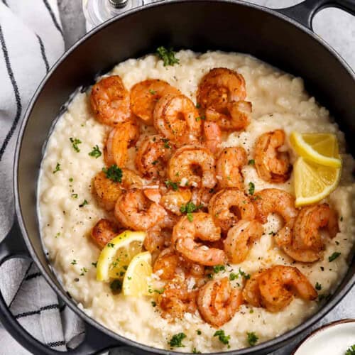 pot of Shrimp Risotto with lemon