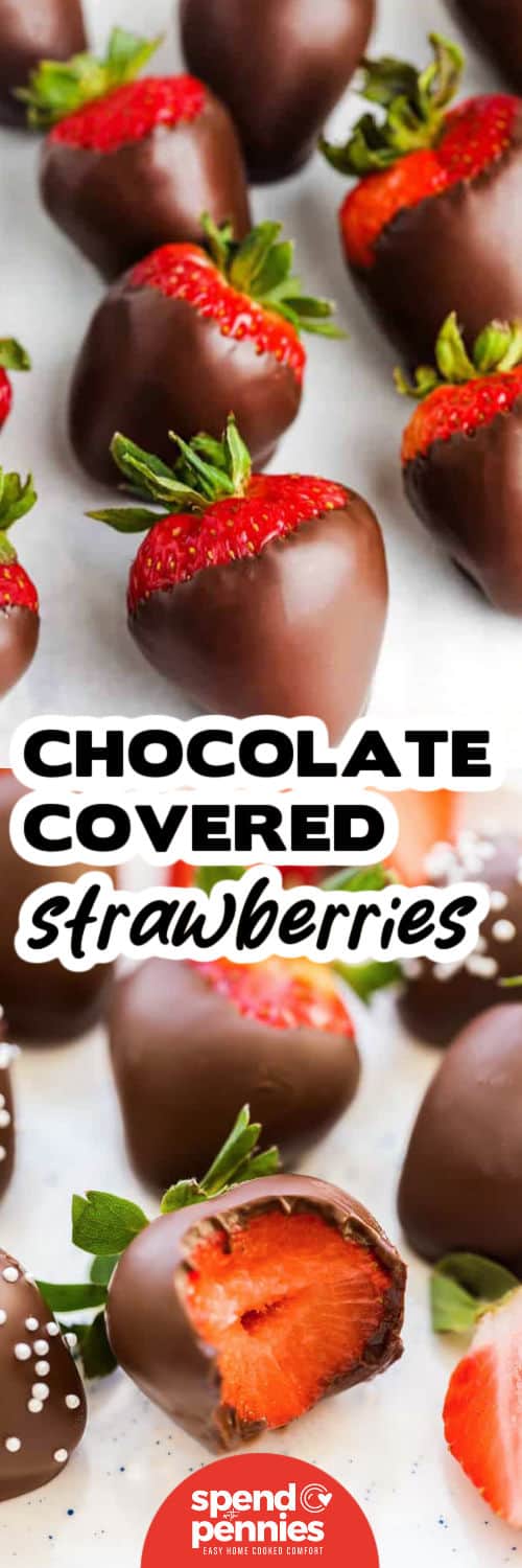 Chocolate Covered Strawberries on parchment paper and close up with a bite taken out and writing