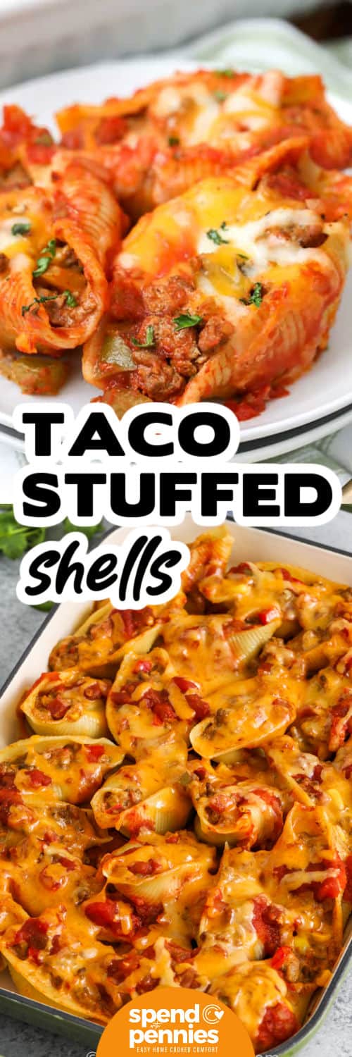 Taco Stuffed Shells in a dish and plated with a title