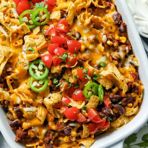 cheesy Frito Pie in a casserole dish
