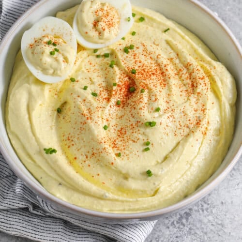 Deviled Egg Dip with hard boiled eggs on top