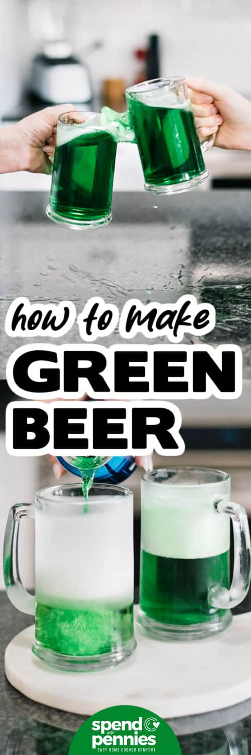 Top image: two hand holding pints of green beer and toasting with them Bottom image: Two pints of green beer on a platter with writing.