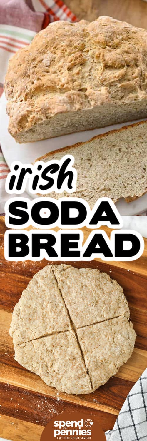 a cut loaf of Irish soda bread and a a scored cooked loaf with writing