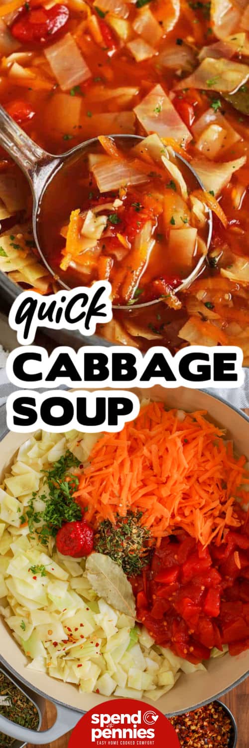 Treat your family to a wholesome and comforting meal with this homemade cabbage soup! This classic recipe is simple to make and perfect for feeding a crowd. Tender cabbage and savory seasonings blend in a rich tomato broth for an affordable, flavorful dish. Customize it with ground beef, chicken, sausage, tofu, or enjoy it meat-free. Serve it as a hearty main course, a tasty side, or a low-carb starter! #spendwithpennies ingredients in a pot to make Quick Cabbage Soup and finished soup with laddle in a pot and writing