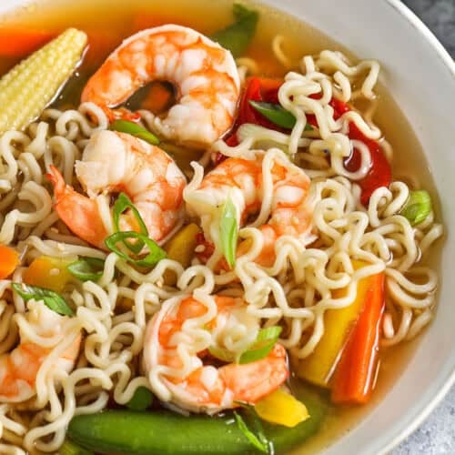 close up of Quick Shrimp Ramen in a bowl