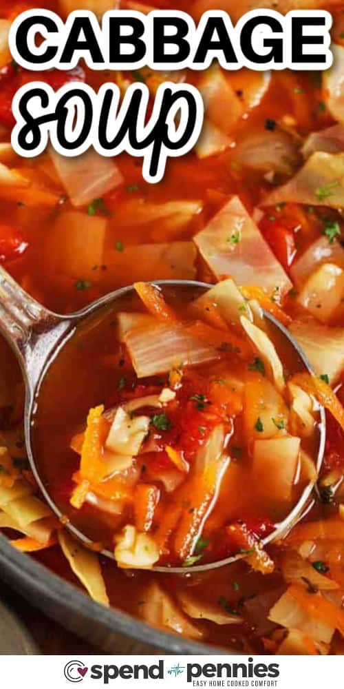 For a nourishing and cozy meal, try this hearty homemade cabbage soup! This classic recipe is simple to prepare and perfect for feeding a crowd. Fresh cabbage and flavorful seasonings simmer in a rich tomato broth, creating a delicious and budget-friendly dish. Customize it with ground beef, chicken, sausage, tofu, or keep it vegetarian. Enjoy this comforting cabbage soup as a satisfying main course or a low-carb appetizer! #spendwithpennies close up of Quick Cabbage Soup with a title