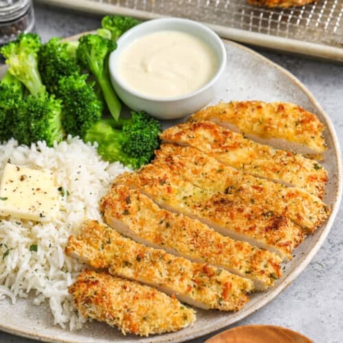 sliced Crispy Parmesan Crusted Chicken on a plate