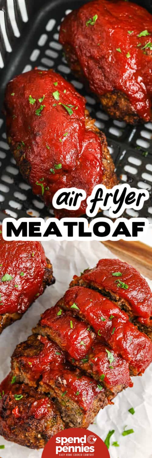 This air fryer meatloaf is a quick, hassle-free way to make a comforting family meal. Made with lean ground beef, bell pepper, onion, and seasonings, these mini meatloafs are perfectly tender inside and crispy on the outside. A tangy tomato and chili sauce topping completes the dish, adding a flavorful finish. Ready in just 30 minutes, this simple recipe is a must-try. #spendwithpennies Air Fryer Meatloaf in the fryer and sliced with a title