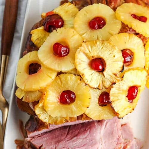 top view of plated Pineapple Glazed Ham with slices cut out