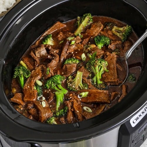 close up of Slow Cooker Beef and Broccoli in the pot