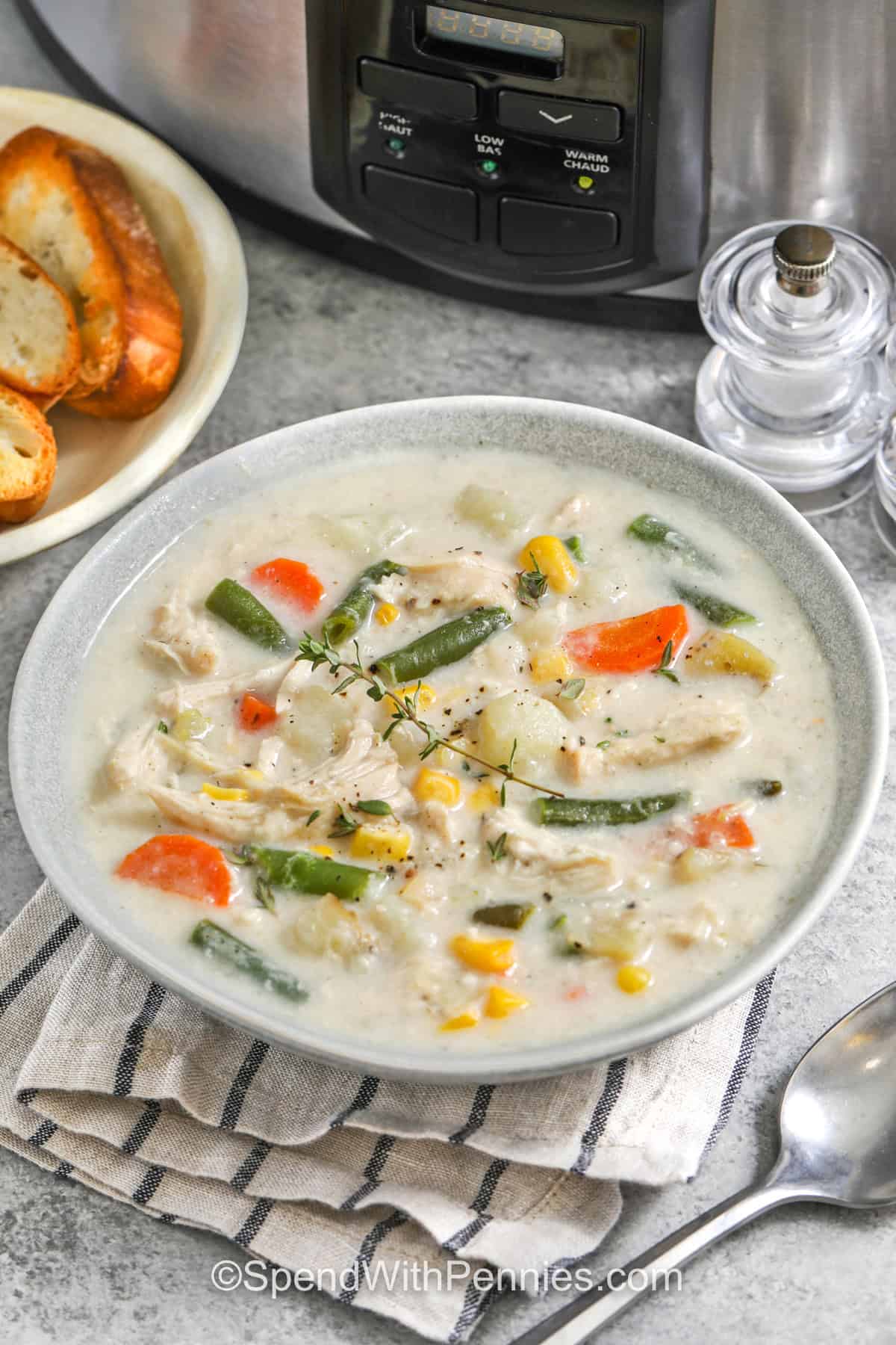 Slow cooker chicken stew is an easy way to turn simple chicken, potatoes, carrots, corn, and green beans into a satisfying family meal. Everything slow cooks in a thyme and poultry-seasoned broth until the vegetables are tender and the chicken is ready to shred. Cream gives the finished stew a smooth, rich texture. Add this comforting crockpot chicken stew to your cold-weather dinner board. #spendwithpennies Slow Cooker Chicken Stew in a bowl with a plate of bread