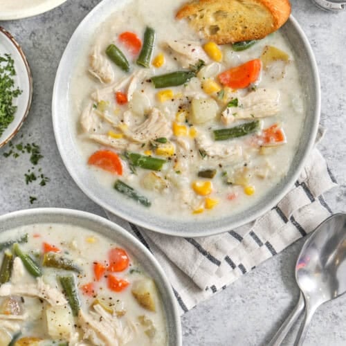 top view of Slow Cooker Chicken Stew in bowls