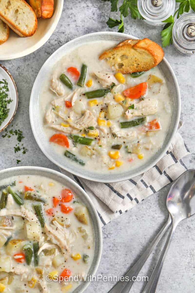 top view of Slow Cooker Chicken Stew in bowls
