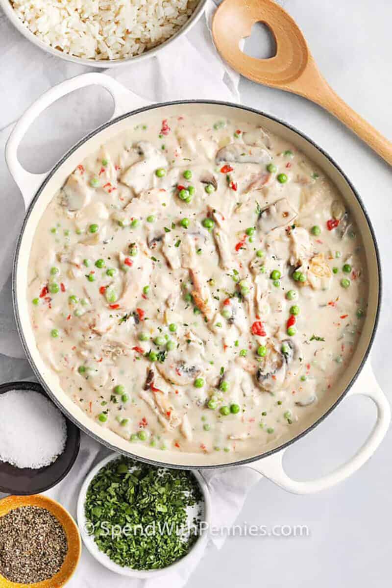 Chicken ala King in a pot with a bowl of rice