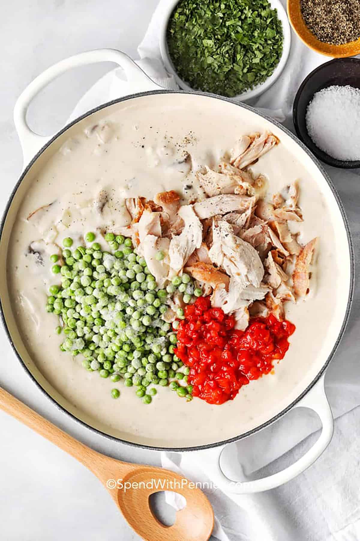 adding chicken and vegetables to pot to make Chicken ala King