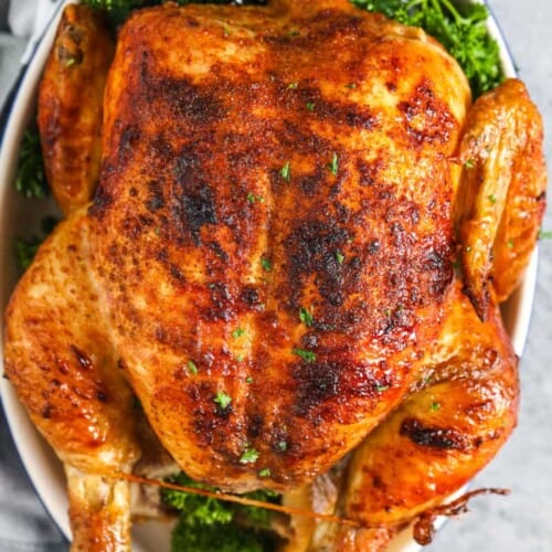 top view of Easy Rotisserie Chicken Recipe on a plate