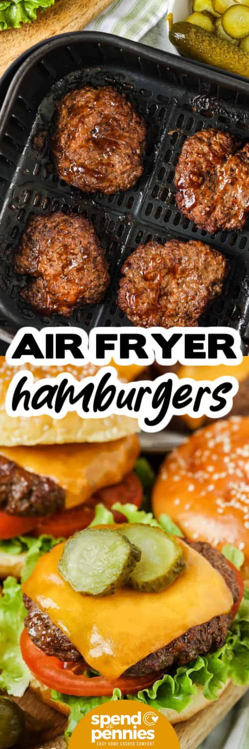 Air Fryer Hamburgeriai gruzdintuvėje ir ant bandelės su priedais ir pavadinimu