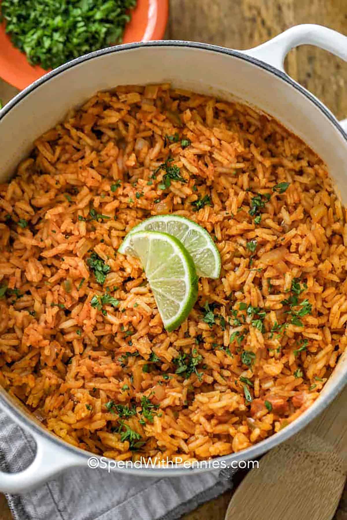 Looking down on a pot of Mexican rice