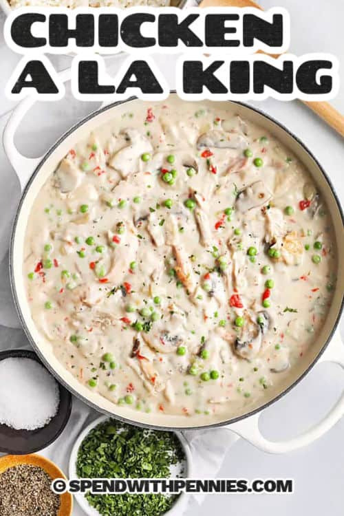 pot full of creamy Chicken ala King with a title