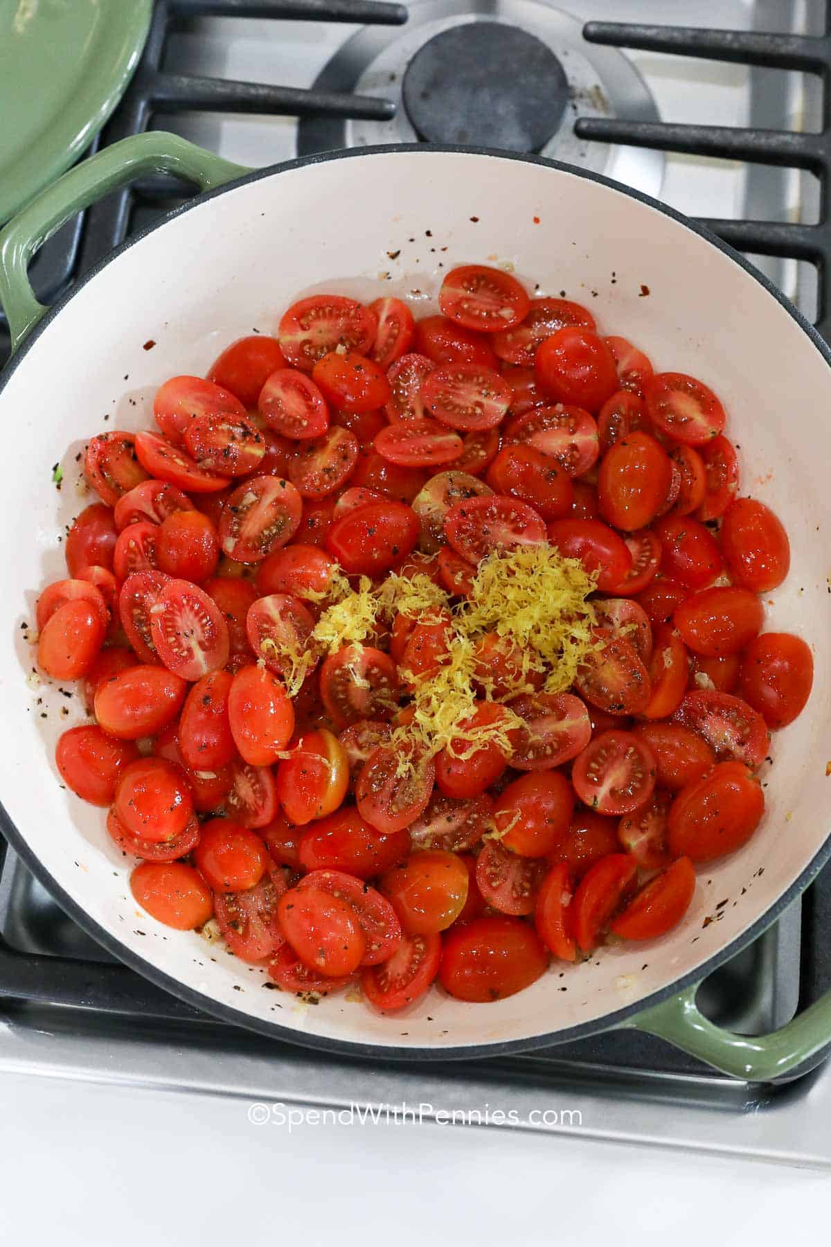 tomatoes in a Dutch oven for One Pot Spaghetti