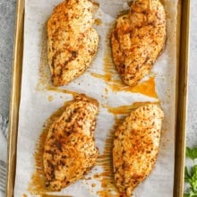 tender Oven Baked Chicken Breasts on a sheet pan