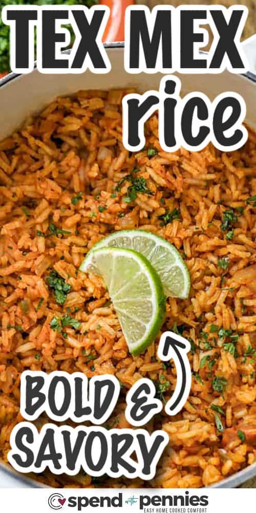 Bold & Savory Mexican Rice with lime garnish, and text.