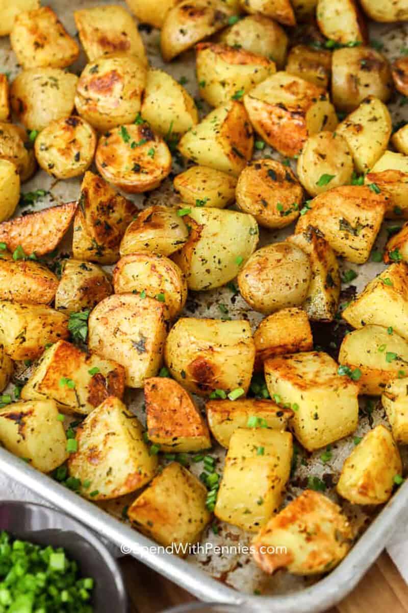 oven roasted potatoes in a metal pan