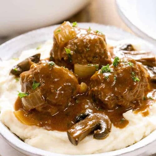mashed potatoes with Salisbury Steak Meatballs