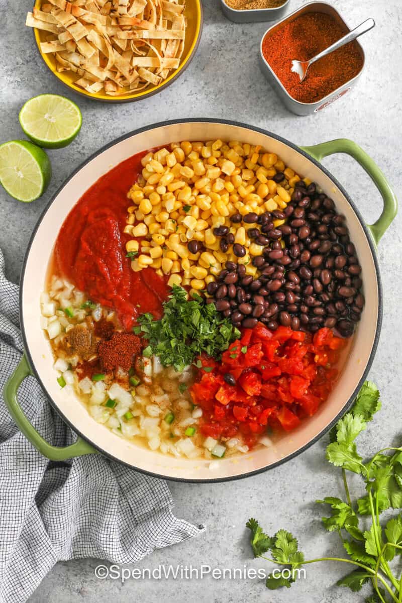 chicken tortilla soup ingredients in a pot