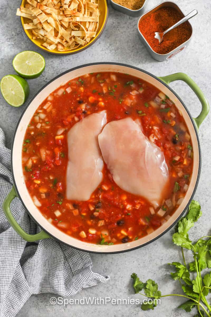 chicken tortilla soup in a pot with whole chicken breasts