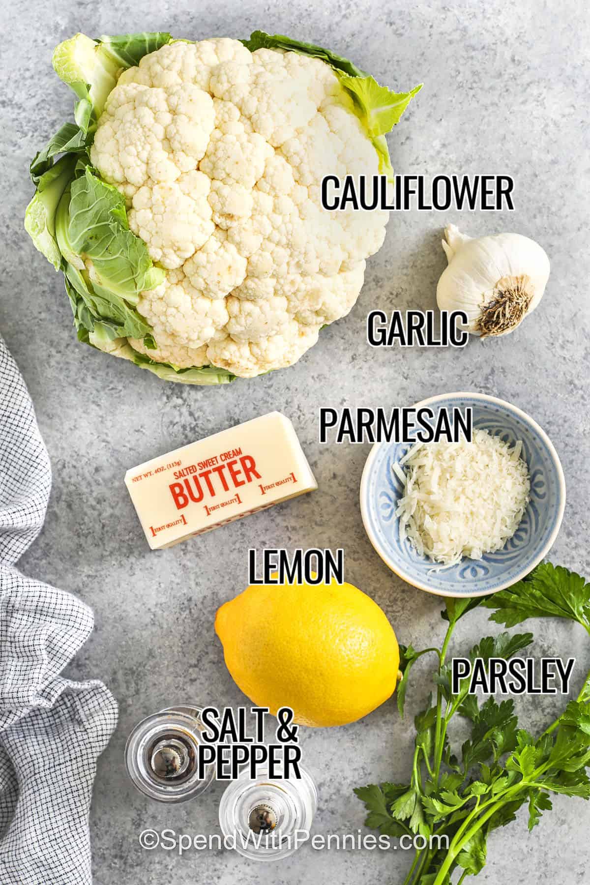 ingredients with labels to make whole roasted cauliflower