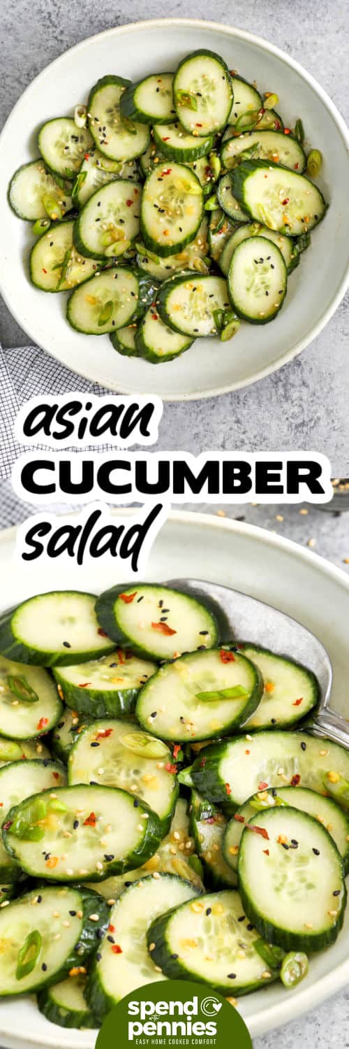two images of asian cucumber salad. one close up of salad in a white bowl with a serving spoon and a second with salad in a white bowl and writing