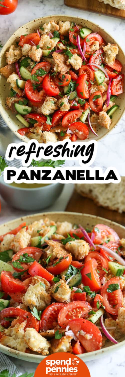 panzanella salad in a bowl with writing