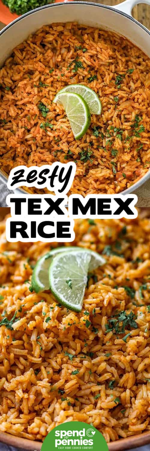 Looking down on a pot of Tex mex rice, and a close up view, with text.