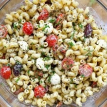 Pesto Pasta Salad in a glass bowl