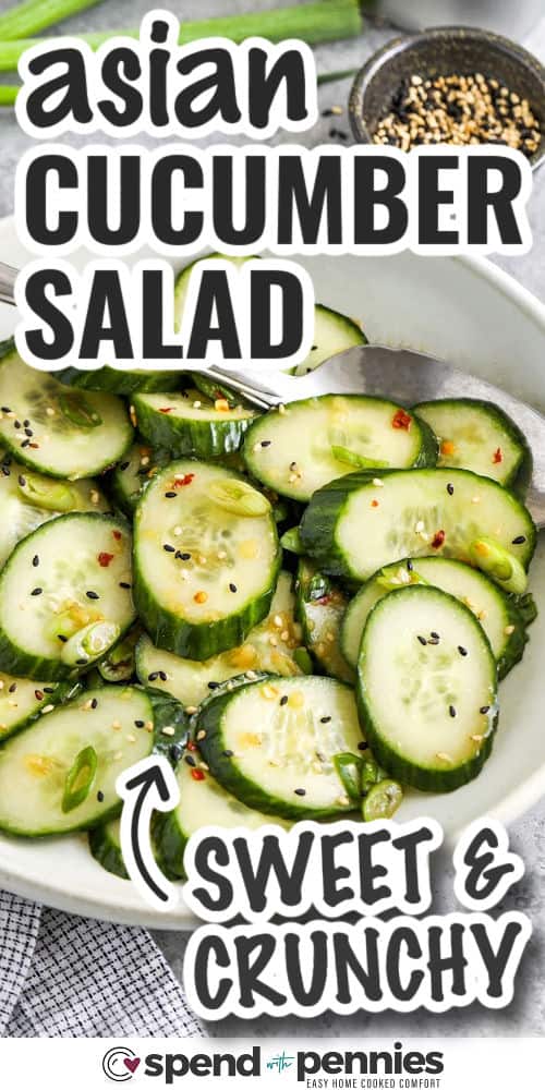 asian cucumber salad in a white bowl with spices on the side and writing