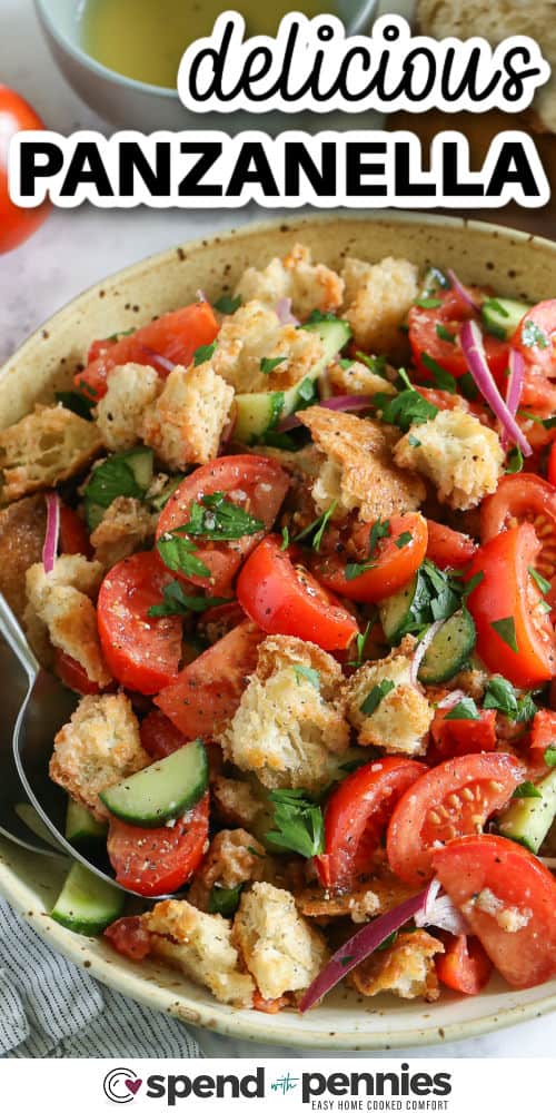 panzanella salad in a bowl with a spoon