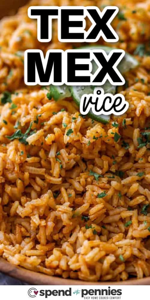Close up of easy to make Mexican rice with a title.