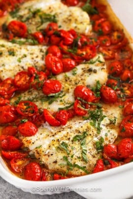 close up of Baked Cod with Tomatoes