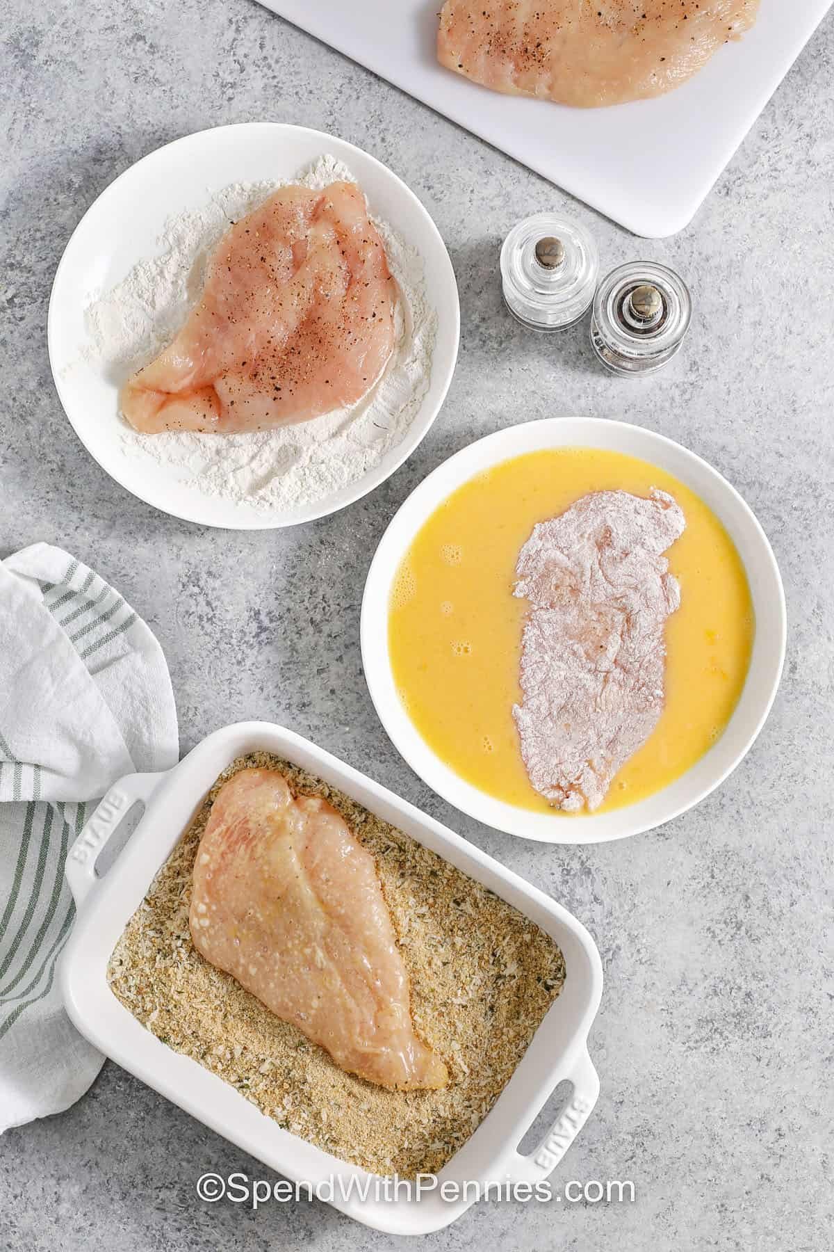 process of breading chickent to make Chicken Milanese