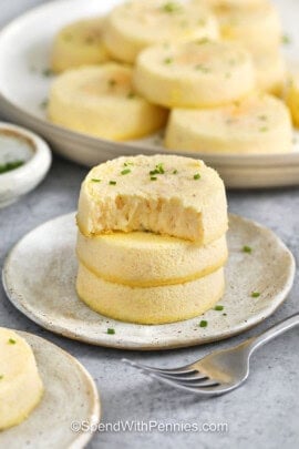 stack of Cottage Cheese Egg Bites with a bite taken out of one